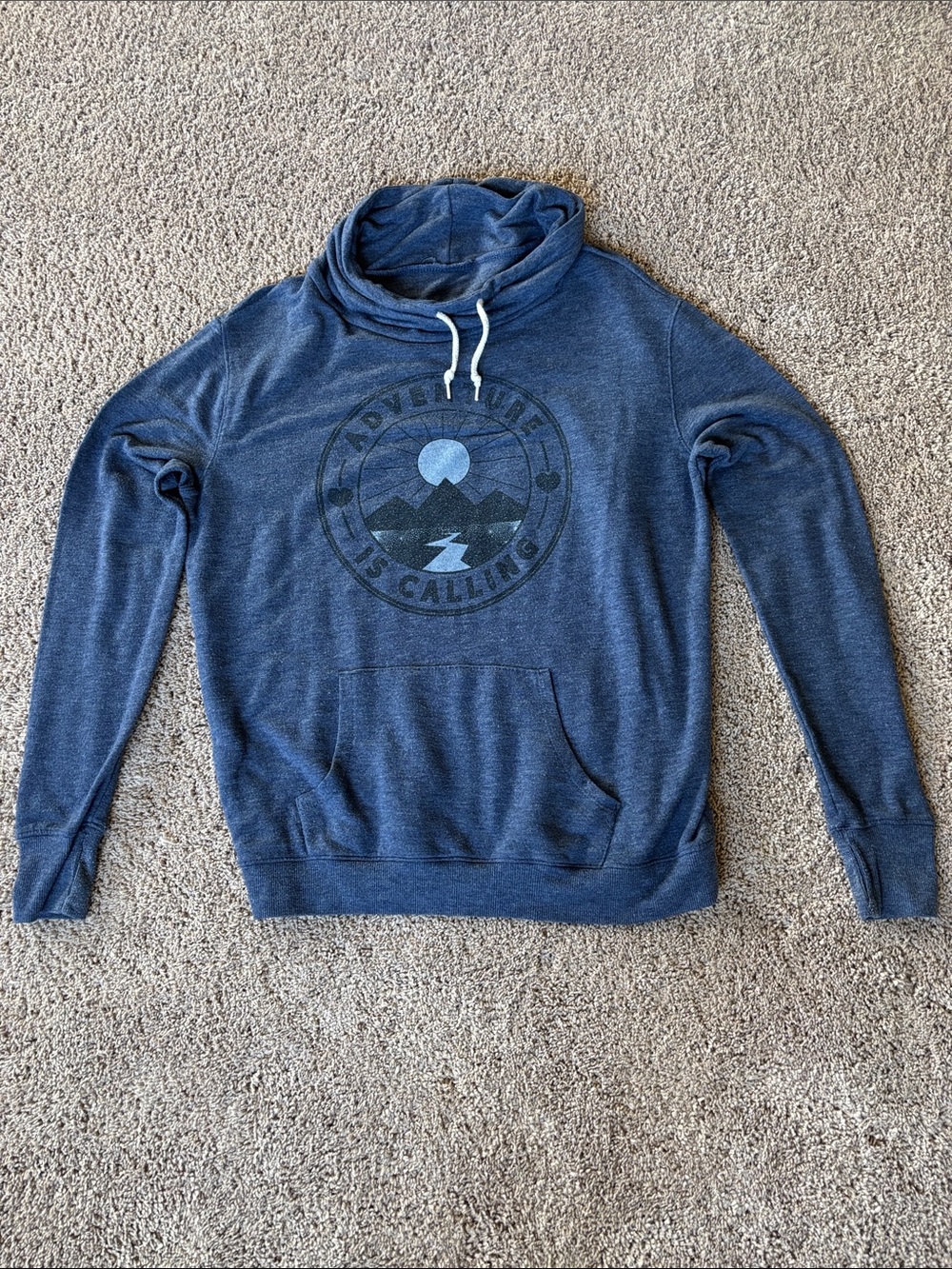 Well Worn Navy Blue Graphic Hoodie with Cream Drawcord